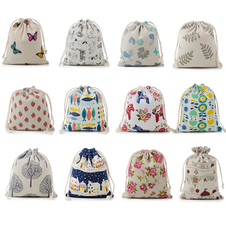 Wedding Decoration Jewelry Packaging Pouch 50pcs/Lot 14x16cm Random Mixed Printing Cotton Linen Drawstring Bag