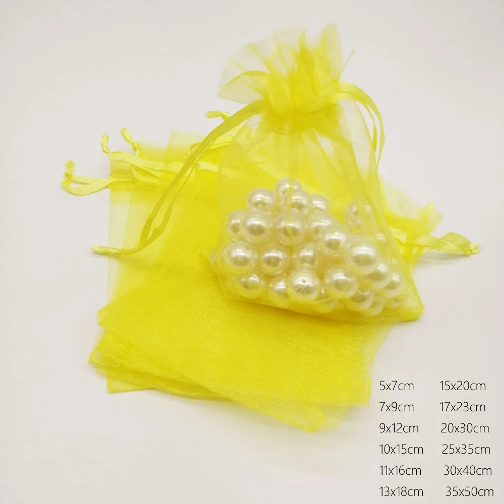 1000pcs Custom Luxury Organza Drawstring Bags Yellow Gift Pouch Sachet Packaging Wedding Party Favors Birthday Displays Jewelry