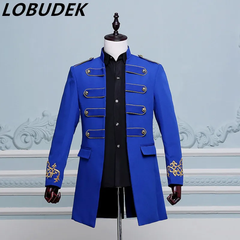 

long blue jacket Punk male prom wedding groom stage DS costume singer nightclub bar show jazz Hip Hop performance outerwear coat