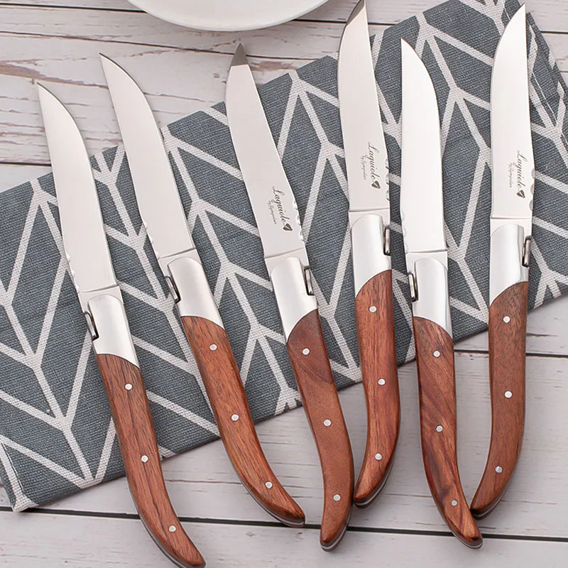 2/4/6/10pcs 8.25inch Laguiole Steak Knives Wood Cutlery Tableware Korean Japanese Dinnerware Rose Wooden Handle Dinner Knife