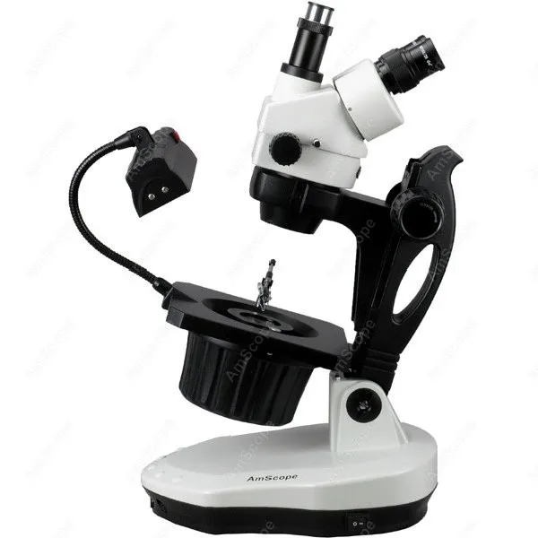 AmScope GM400 Series Advanced Jewel Gem Zoom Trinocular Stereo Microscope 7X-90X on Track Stand