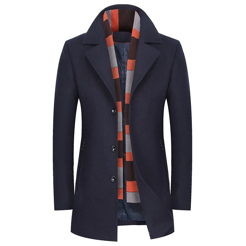 

New Men's Woolen Coat Middle-aged Men's Long Wool Blends Business Casual Turn-down collar Large-size Brand Clothing Man Coat