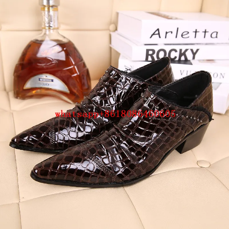 

Mens italian leather shoes studded crocodile skin high heels formal shoes men black brown pointec toe zapatos hombre vestir