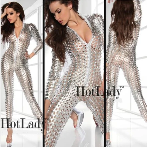 Sexy Hollow Black Silver Gold Fashion Dj Stage Dance Show Female Singer Costume Full Body Suit Bodysuit Women