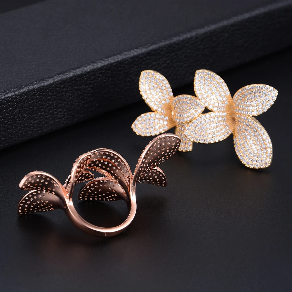 Missvikki Noble Luxury Fingers Ring Adjustable Fashion Blooming Flowers Full Shiny Cubic Zirconia Top Quality Stage Jewelry