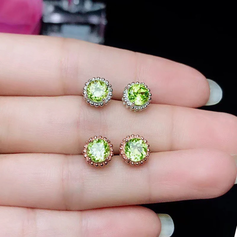 Simple round 925 silver stud earrings with gemstone natural peridot earrings for party sterling silver peridot jewelry