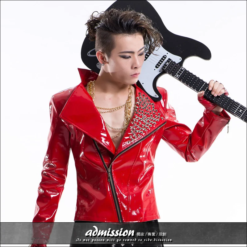 

High quality new style fashion male black leather ds dj costume gold shine rivet clothing outerwear men's jakcet