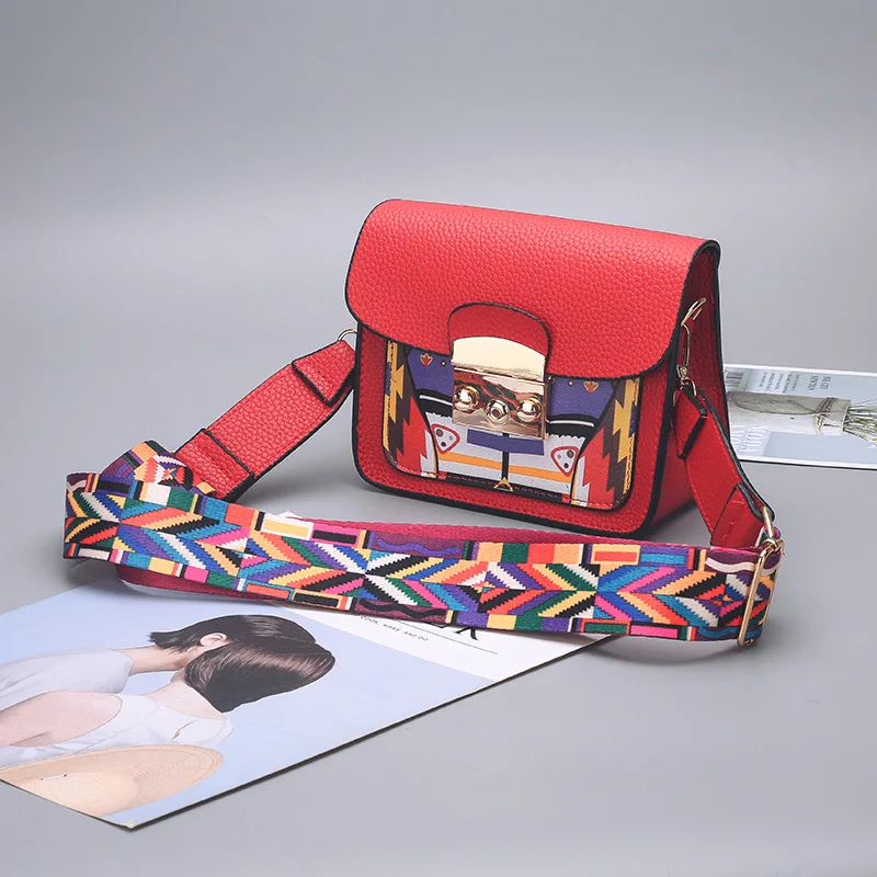 Women Crossbody Bags Beautiful Colorful Wide Strip Shoulder Bag Creative Printing Pu Leather Handbag Summer Mini Jelly Bag B052