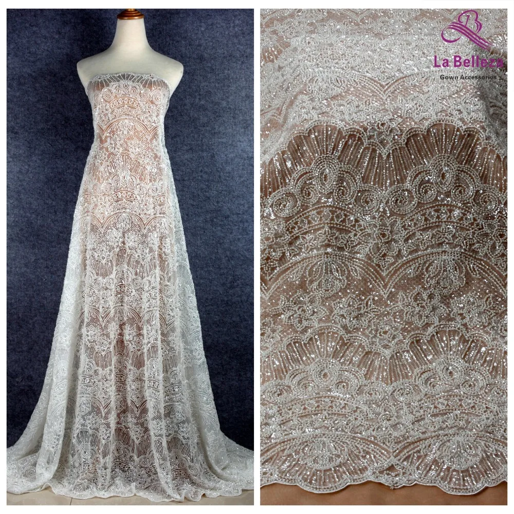 La Belleza 2019 New heavy beaded lace fabric off white beautiful wedding gown dress lace fabric 1 yard