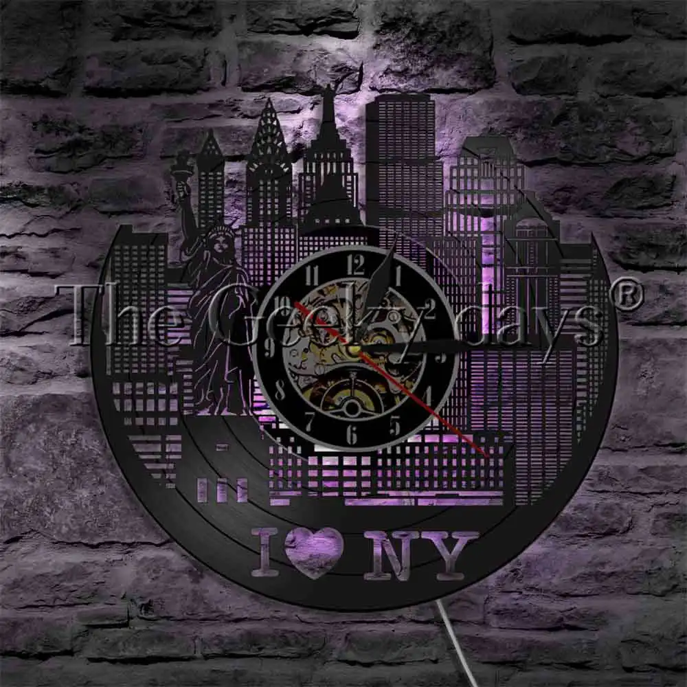 I Love New York Vinyl Record Wall Clock Statue Of Liberty City Landscape LED Night Lamp Home Decor Modern Wall Lamp