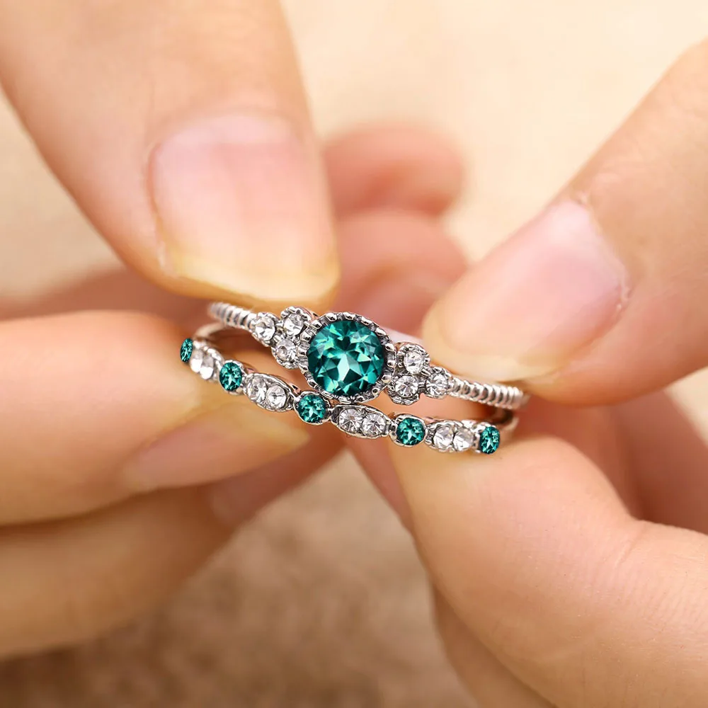 2Pcs/Set 2018 Luxury Green Blue Stone Crystal Rings For Women Sliver Color Zirconia Wedding Engagement Ring Jewelry Size 6 7 8 9