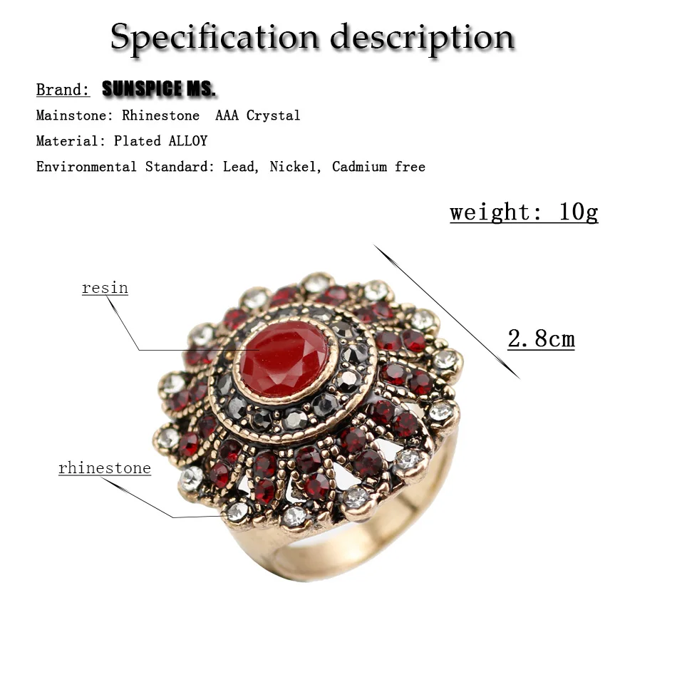 Vintage Turkish Women Round Crystal Wedding Rings Antique Gold Color Red Green Resin Indian Ring Jewelry Fashion Accessories New