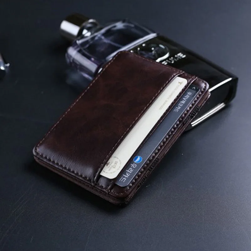 Hot Sale Men\'s leather Magic Wallets Portable Money Clips With Credit Card Slot Cash Holder Purse For Man Brown Coffee
