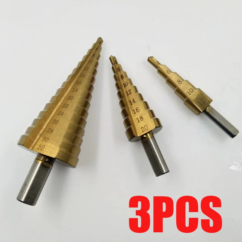 

3pc HSS Steel Titanium Step Drill Bits Step Cone Cutting Tools Steel Woodworking Wood Metal Drilling 4-12/20/32mm