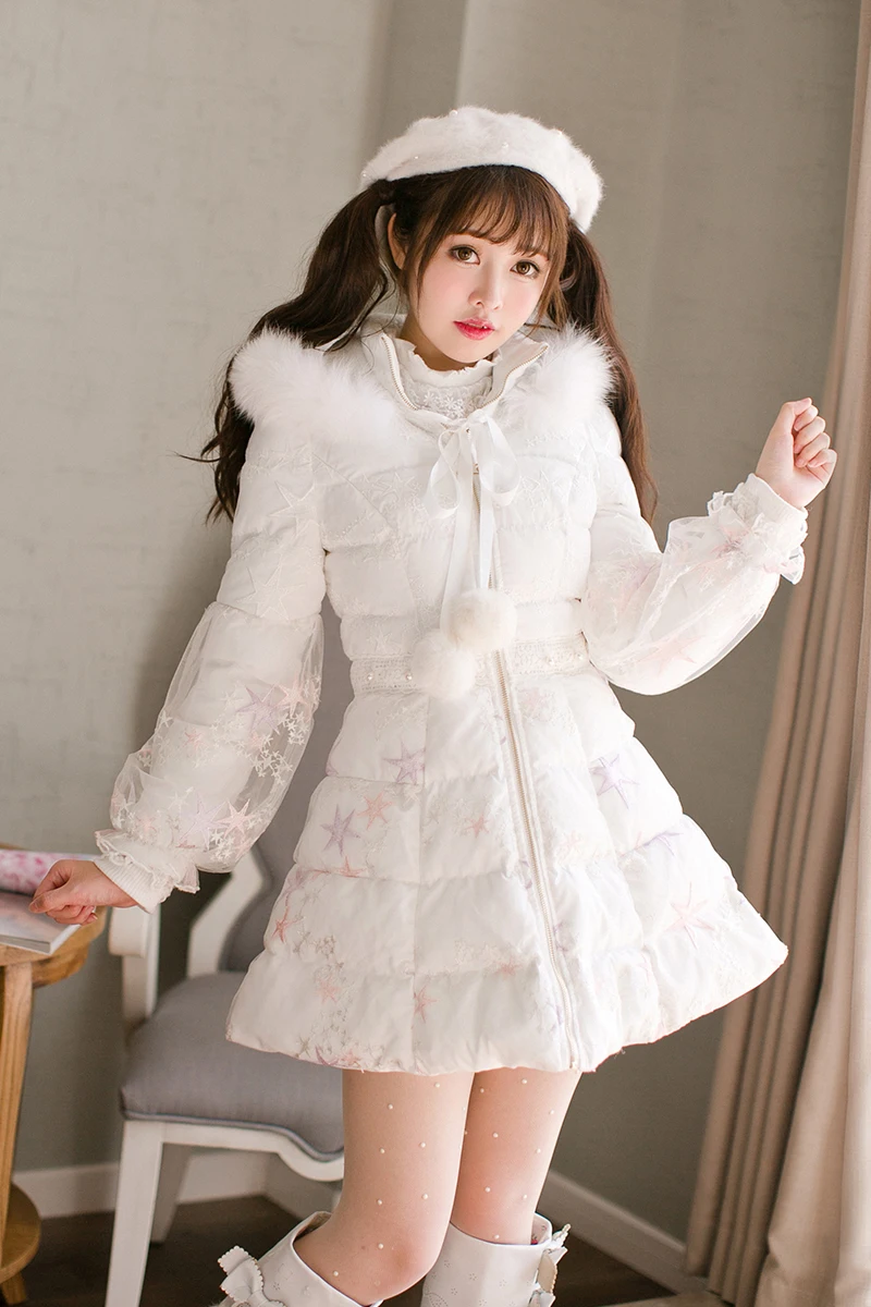 Princess sweet lolita parkas Candy rain winter Japanese Sweet Princess lace fox fur coat Middle and long slim down C22CD7218