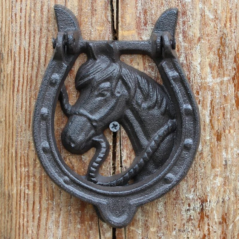 Black Horseshoe Cast Iron Front Door Knocker Farm House Home Garden Decor Vintage Handmade Foot Circled Animal Head Metal Handle