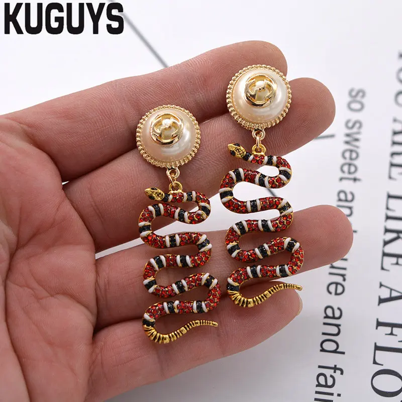 

KUGUYS Vintage Retro Snake Drop Earrings for Women Red Crystals Jewelry Pearls Party Accessories