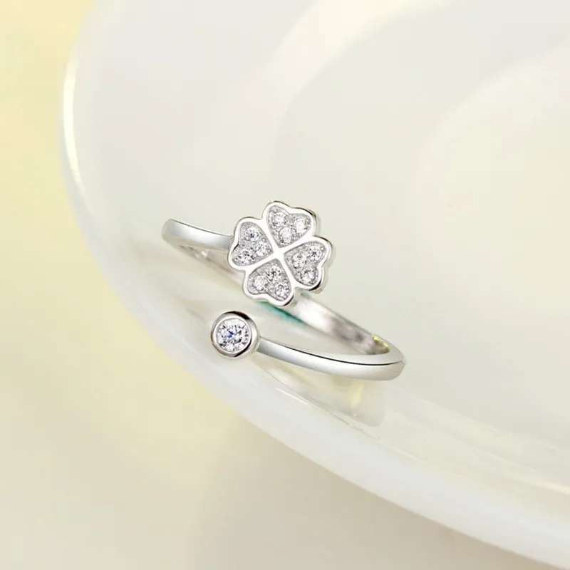 Trendy Silver 925 Sterling Rings For Women Jewelry Fashion Crystal Clover Girls Finger Rings Accessories Lady Birthday Gift