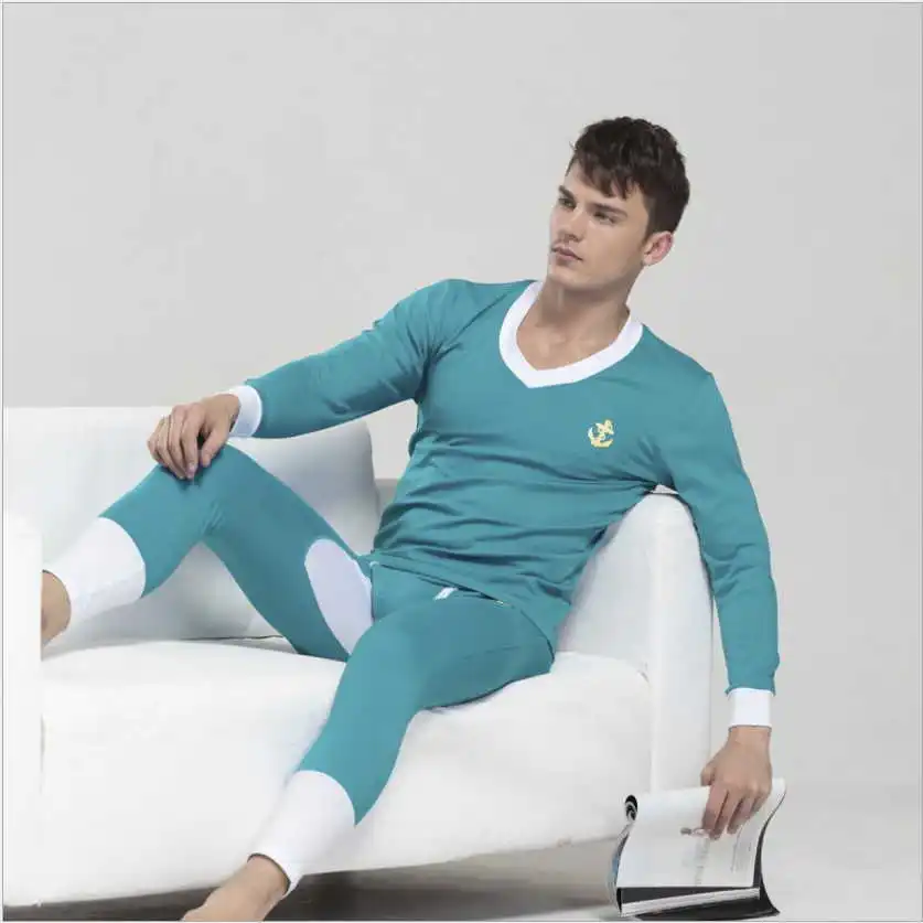 1 Set Quality Men's Autumn/Spring Cotton long johns set V Neck comfortable thermal Underwear Sexy elasticity warm under suit