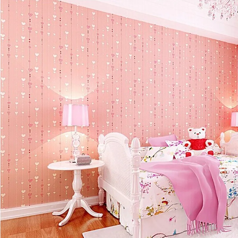 beibehang Non-woven pink love printed wallpaper roll striped design wall paper for kid room girls minimalist home decoration R50