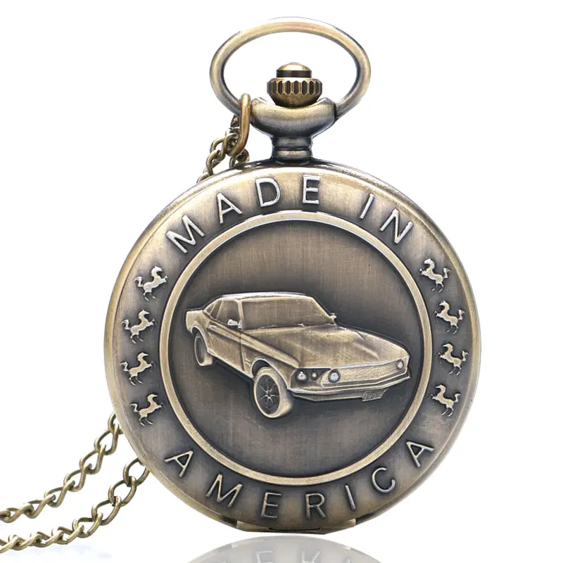 Retro Bronze Mustang Pattern Car Quartz Pocket Watch Necklace Chain Men Women Pendant FOB Watches Pendant Chain Vintage Gifts