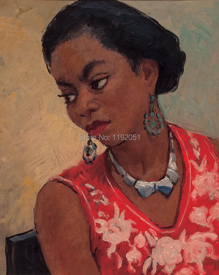 portrait  paintings Chinese paintings contemporary artist masterpiece posters canvas prints black woman with silver earings