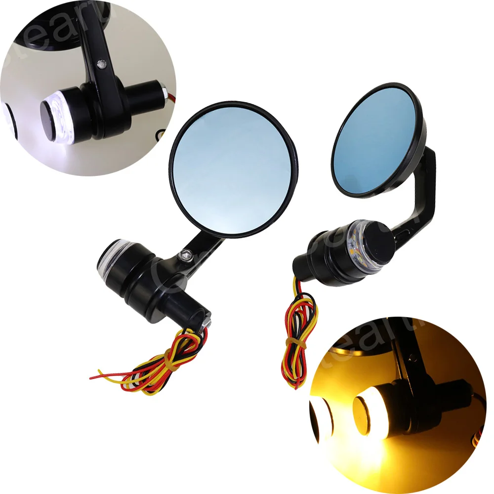 

7/8" 22mm Universal Round Motorcycle Rear View Mirrors Handle Bar End Side Mirrors With LED Turn Signals Black Cafe Racer Mirror