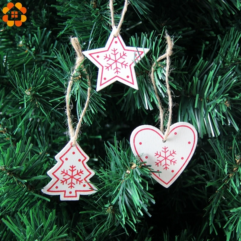 12PCS DIY White&Red Tree/Heart/Star Wooden Pendants Ornaments For Christmas Party Xmas Tree Ornaments Kids Gifts Decorations