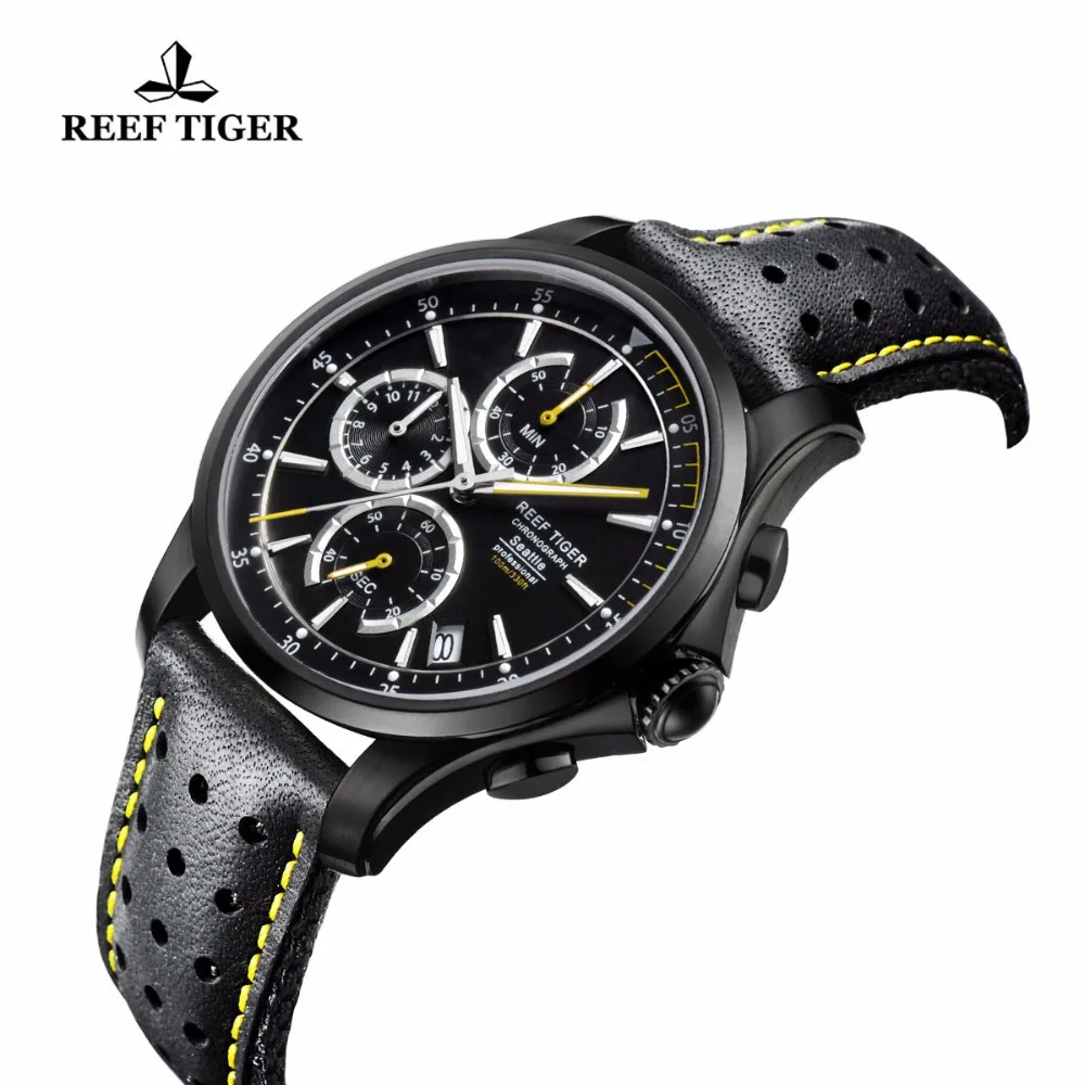 Reef Tiger/RT Mens Sport Quartz Watches with Chronograph and Date Black Steel Casual Stop Watch with Super Luminous RGA1663