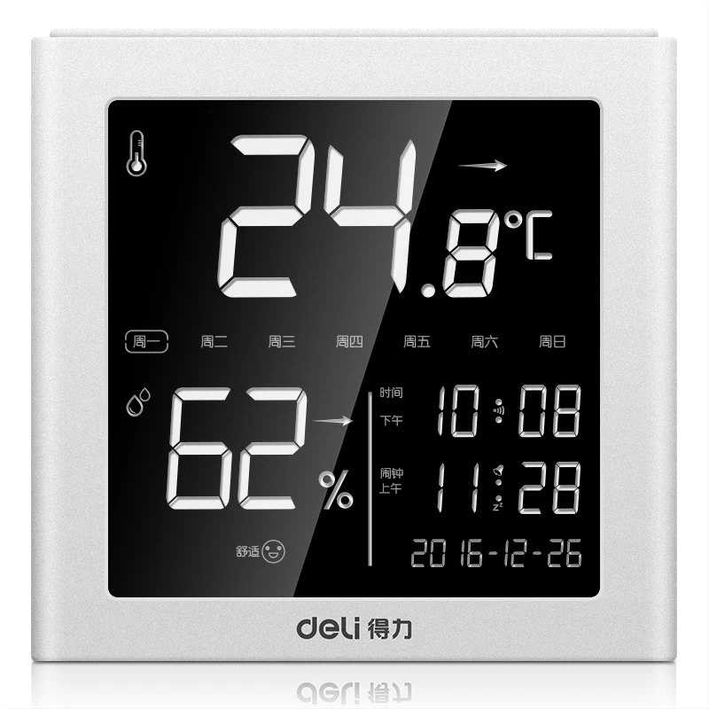 Deli 8958 Teaching Resources LCD Display Electric Temperature And Humidity Meter  w/clock Time Date Function Hygrothermograh