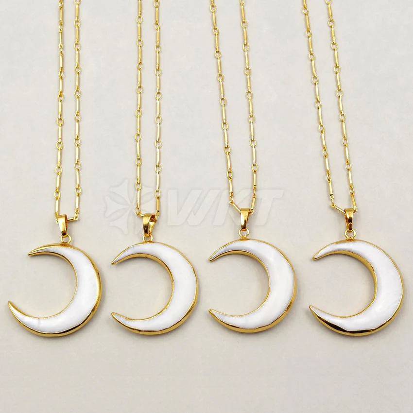 WT-N972 Wholesale 10 pieces natural shell horn necklace High quality moon necklace gold electroplate for women jewelry 35mm