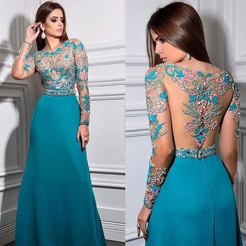 Robe de bal de forme trapèze, tenue de soirée en mousseline de soie, bleu, manches longues, avec perles et cristaux