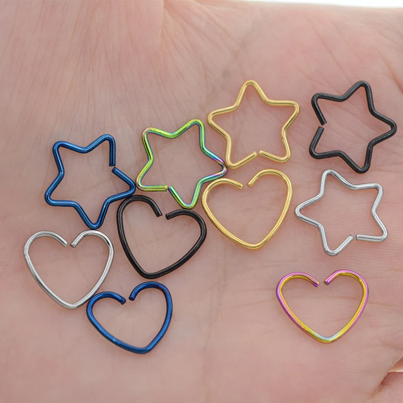 2Pcs Heart/Star Shaped Fake Tragus Piercings Hoop Helix Cartilage Tragus Daith Ear Studs Lip Nose Rings Silver Jewelry