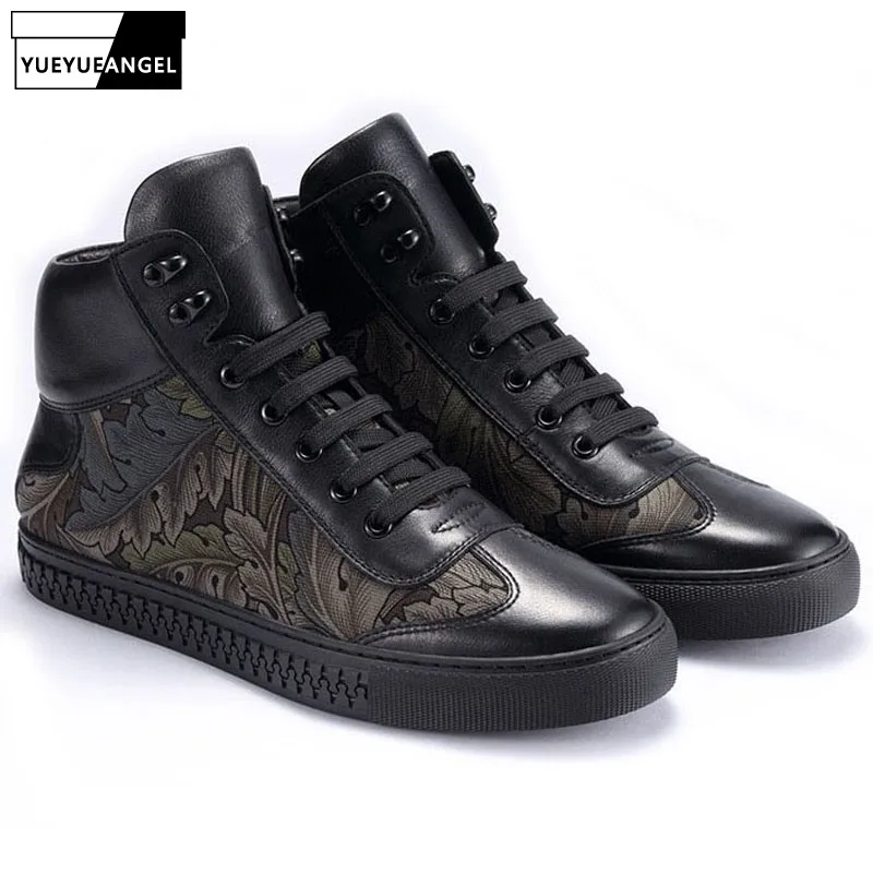 Fashion Brand High Top Sneakers Men Fall Winter Genuine Leather Warm Cotton Shoes Flower Print Black Casual Shoes Mens Flats