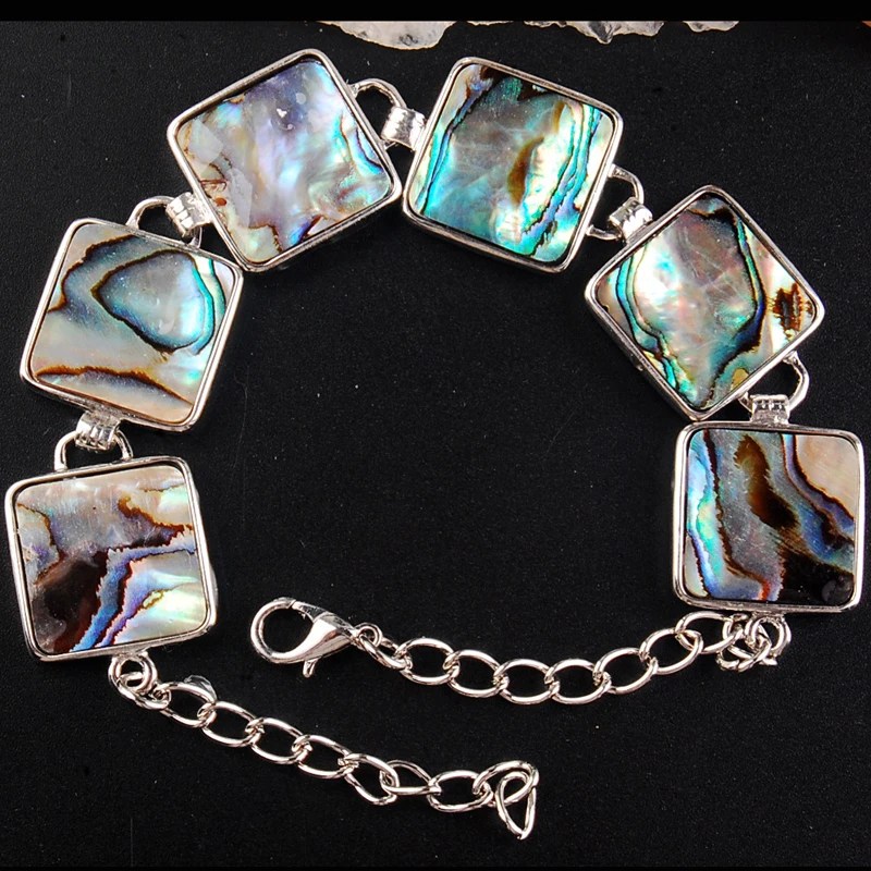 

Beautful Jewelry New Zealand Blue Paua Abalone Shell Square Art Women Men Bead Bracelet 7~8.5" G6474