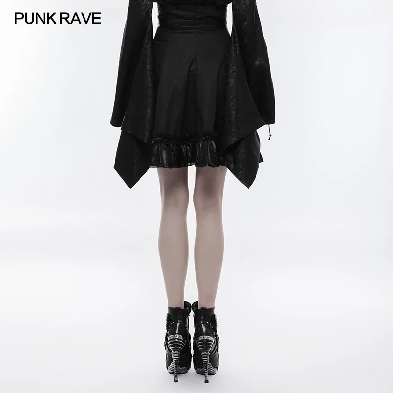 Schwarz Rock Hohe Taille mit Rüschen, Zip und gürtel, Japan Rock Punk Rave Gothic Mode WQ353