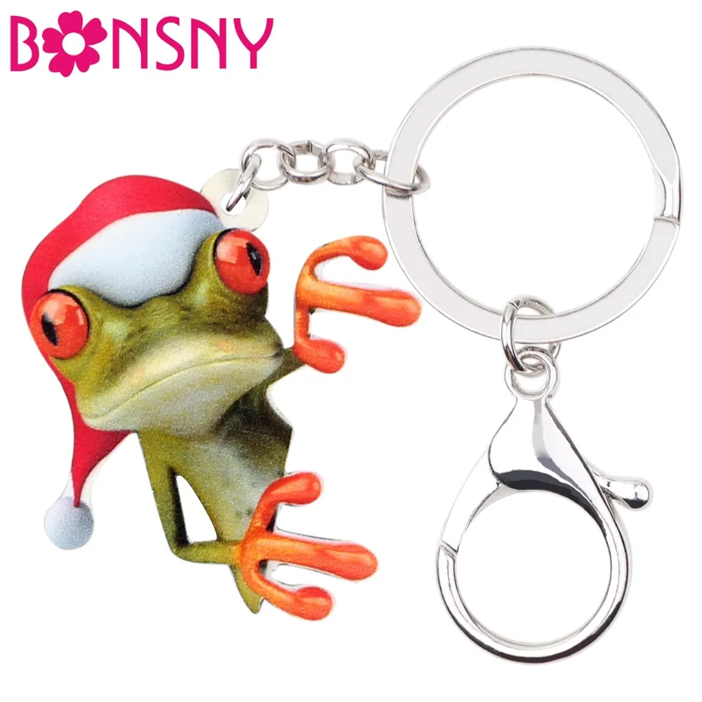 Bonsny Acrylic Christmas Curious Frog Key Chains Keychains Ring Cute Animal Navidad Jewelry Gift For Women Girls Teen Bag Charms