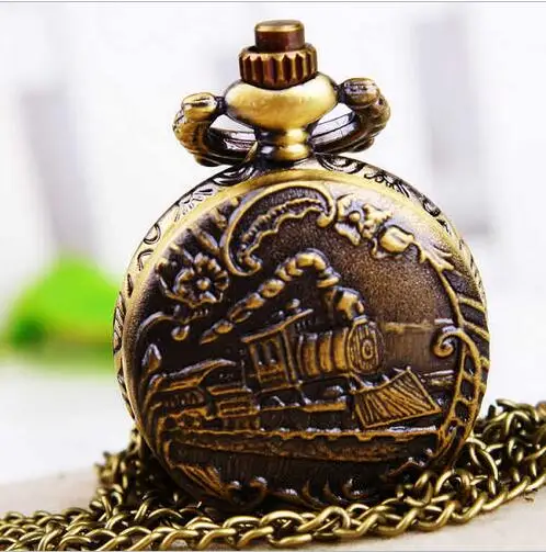 Antique Case Vintage Brass Rib Chain Quartz Pocket Watch Train for women montre femme birthday gift