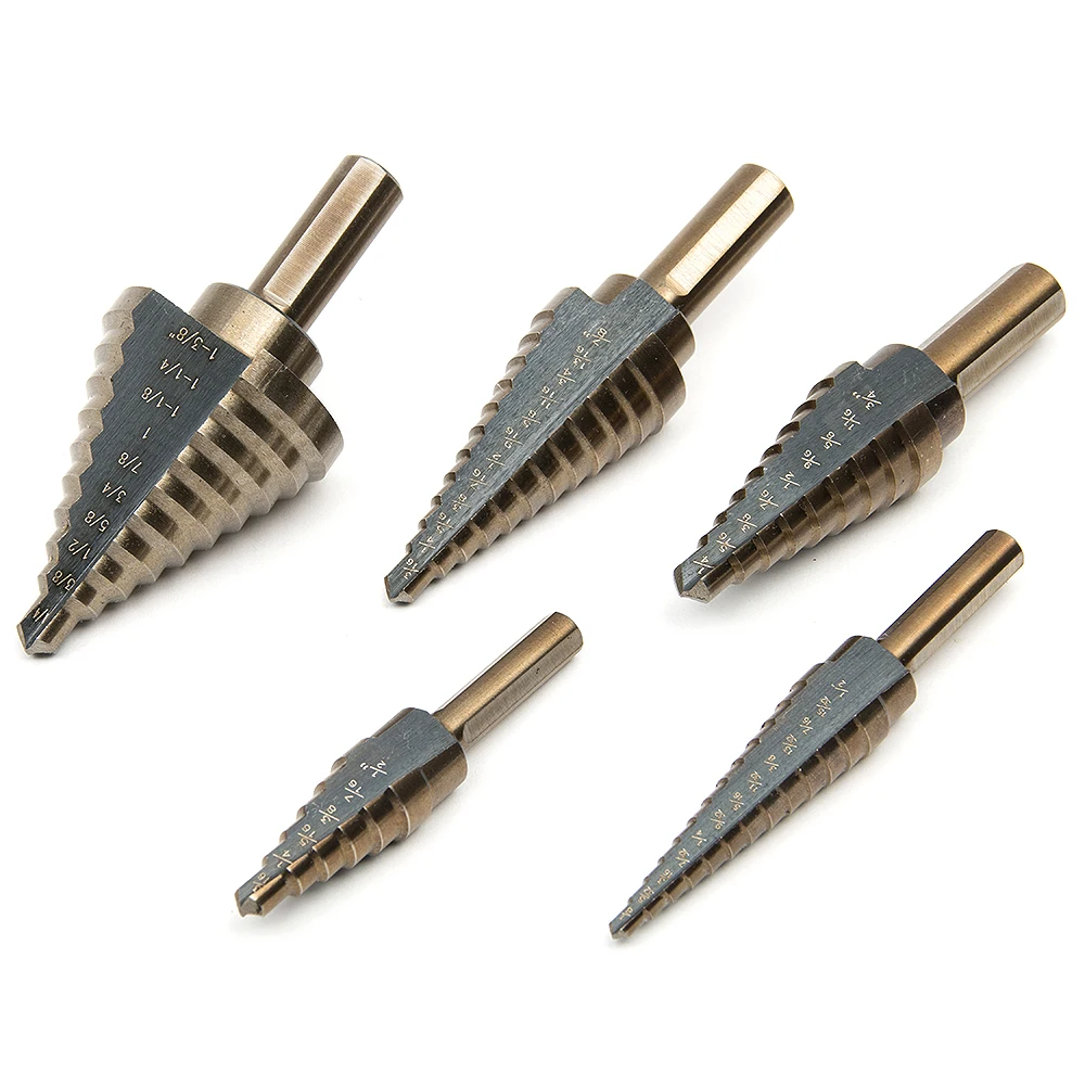 Hakkin 5pcs HSS Cobalt Multiple Hole 50 Sizes Step Drill Bit With Case Sae Metal Wood Hole Cutter Step Cone Drill Bit Set