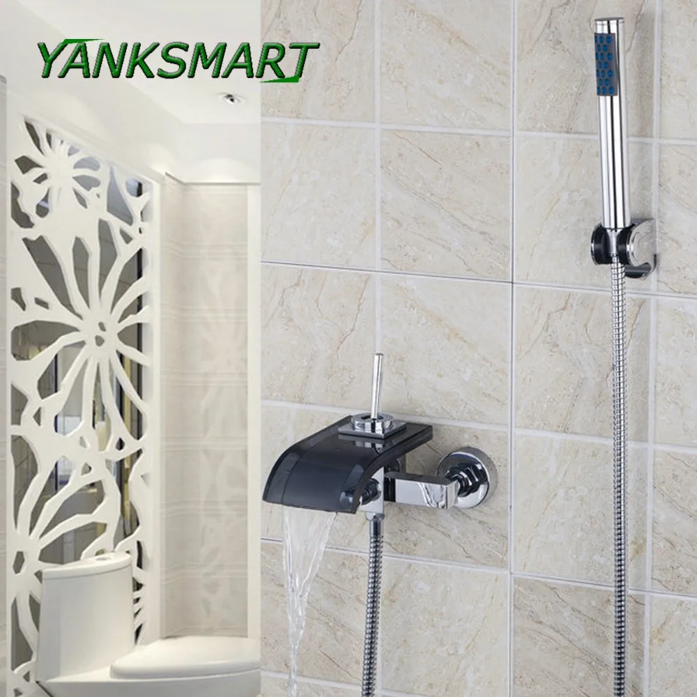 

YANKSMART Black Glass Spout Wall Mounted Single Handle + Handheld Spryer Chrome pilished Tap Mixer Brass Faucet set