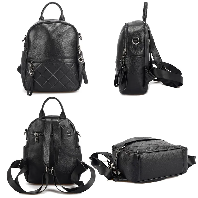 Zency 100% Genuine Leather Fashion Women Backpack Pure Black Knapsack Casual Travel Bags Girls Schoolbag Wide Strap Shoulder Bag