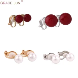 GRACE JUN Wholesale White Red Color Faux Pearl Clip on Earrings No Pierced for Women Charm Popular Gold/ Silver Plated Ear Clip
