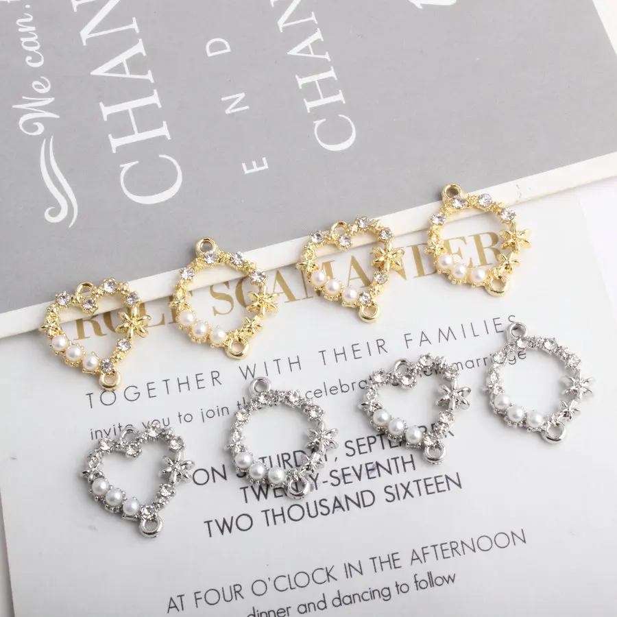 50pcs/lot 17*22mm 18mm Gold Color Alloy Material Imitation Pearl Heart Circle charm Connector for diy jewelry making Wholesale