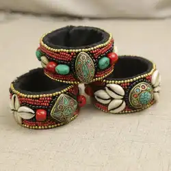 BB-168 Tibetan Fashion Open Cuff Bangle Tibet Ethnic Hand Sewed Shells Bohemian Bangle