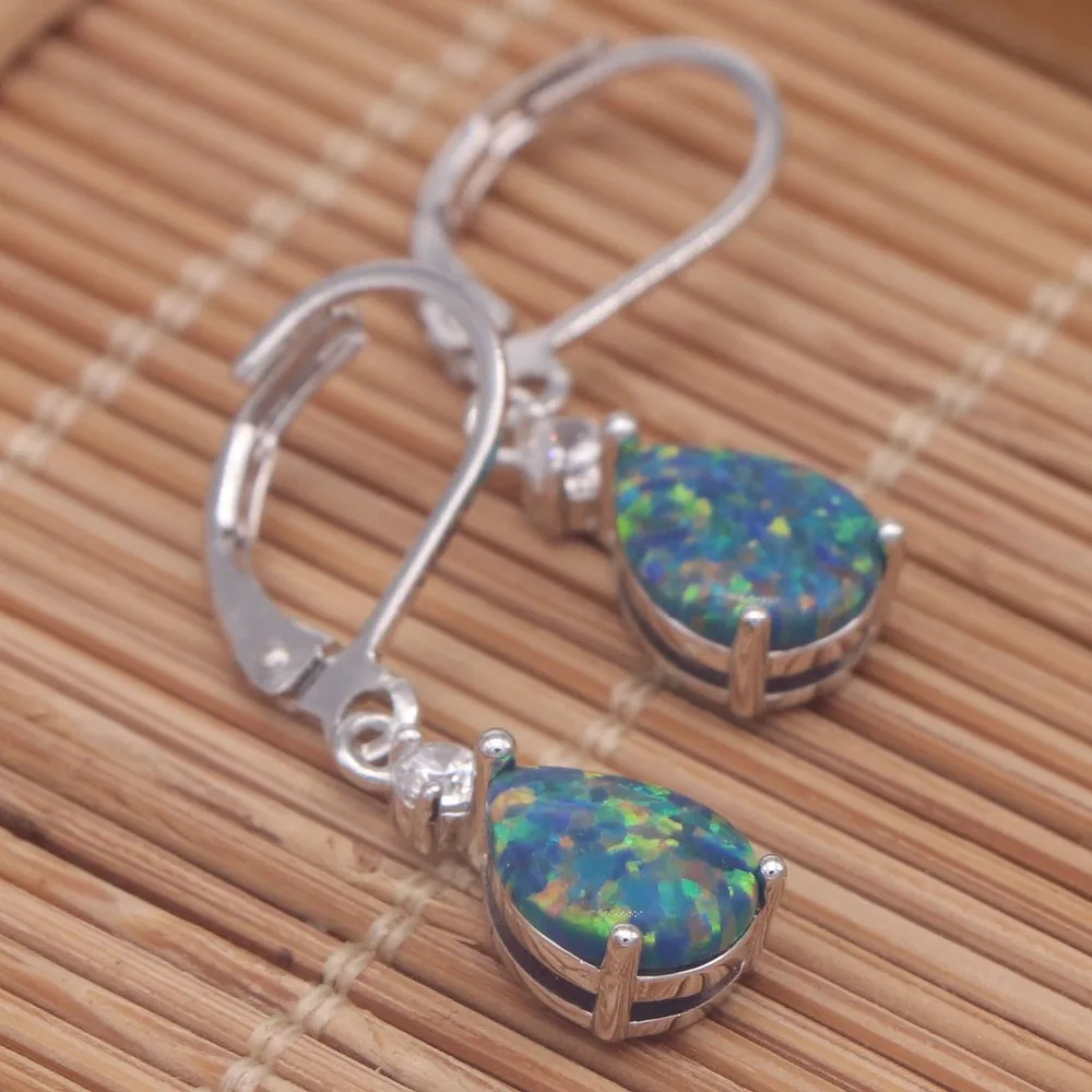 

JLE-143 Iridescent Blue-Green Opal Drop Earrings - Rhodium-Infused Copper Teardrops, Play-of-Color Hypoallergenic Huggie Hoops