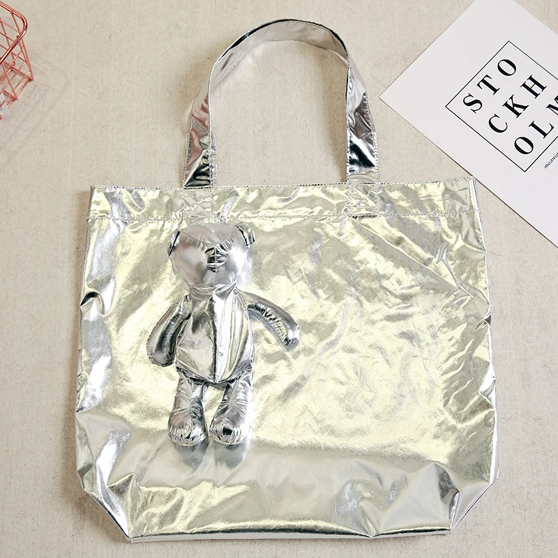 New Silver Bear Waterproof coating Reusable Portable Should Pocket Shopping Bag Eco-friendly Folding Handbag Grocery Fold Bag