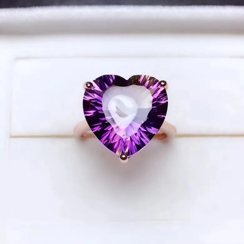 Simple heart-shaped gemstone Natural amethyst lady ring, 925 silver, novel craftsmanship, beautiful colors.