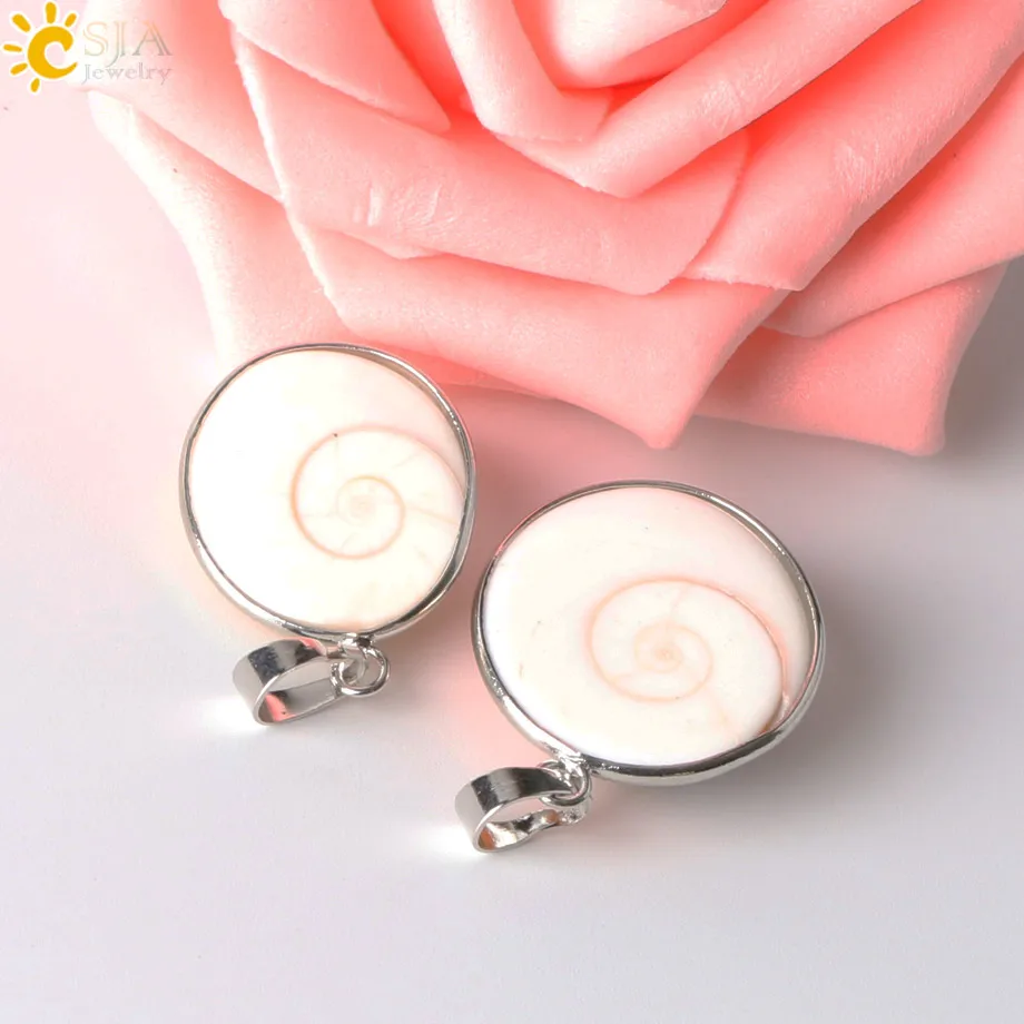 CSJA Natural Shell Stone White Snails Animal Necklaces Pendants Round Stone Bead Cabochon Women Men Charm Fashion Jewellery E263