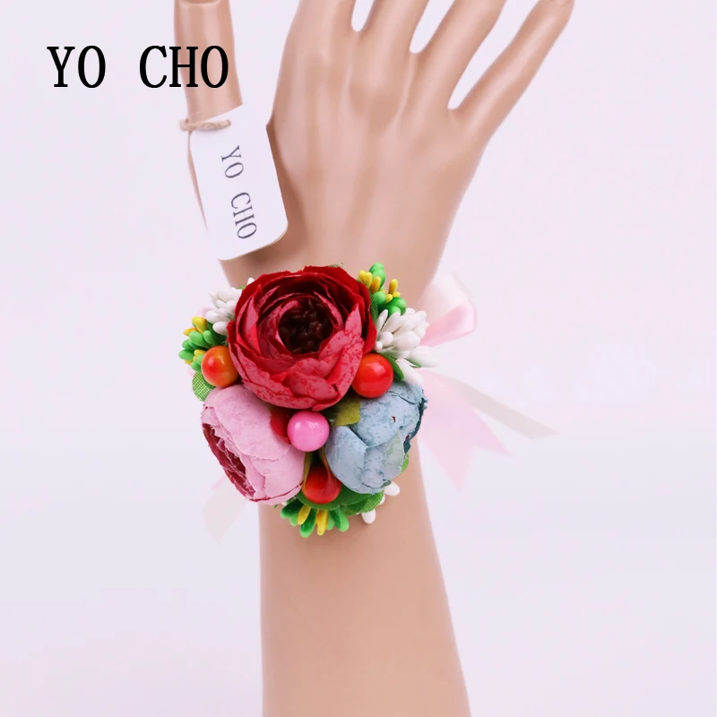 YO CHO Fashion 1 Piece 3 Colors Mariage Rose Wrist Hand Flower Rose Silk Ribbon Artificial Brides Bridesmaid Wrist Flower Prom