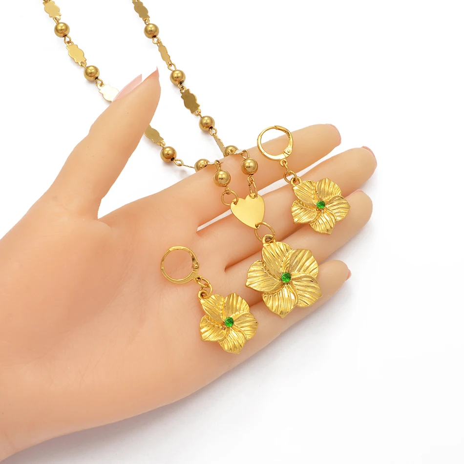 Anniyo Hawaiian Flower Pendant Necklaces Earrings Women Girl Gold Color Guam Micronesia Marshall Flower Jewelry Set #213806